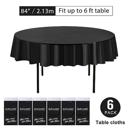 Eleclassi Black 6 Pack Premium Round Disposable Plastic Tablecloth - 84 Inch Round Plastic Table Cloths for Parties Disposable Tablecloth - Round Plastic Tablecloth - Black Round Tablecloth - color: Black