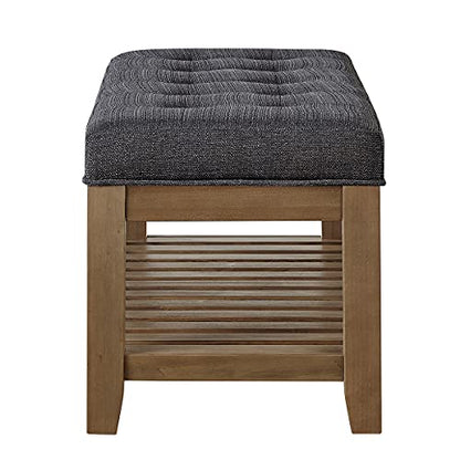 24KF Large Rectangular Upholstered Tufted Linen Fabric Ottoman Bench, Padded Bench with Solid Wood Shelf-Charcoal - color: Charcoal-bench, size: 16"D x 44"W x 18"H
