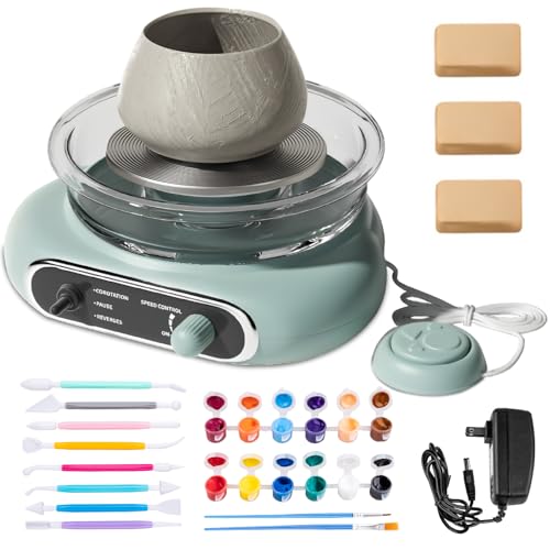 Mini Pottery Wheel, Electric Pottery Wheel with 4.7inch Turntable Air-Dried Clay and 8Pcs Pottery Tools, Adjustable Speed and Direction, Suitable for Ceramic Teaching, Home Use (Green)