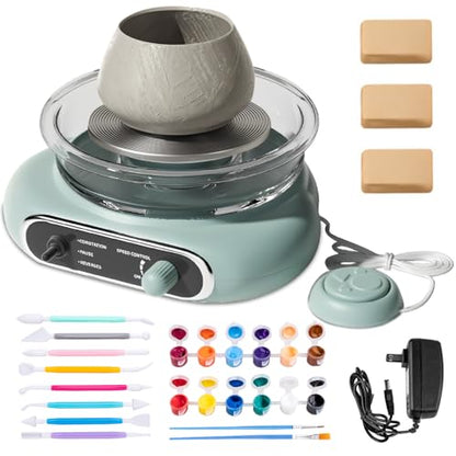 Mini Pottery Wheel, Electric Pottery Wheel with 4.7inch Turntable Air-Dried Clay and 8Pcs Pottery Tools, Adjustable Speed and Direction, Suitable for Ceramic Teaching, Home Use (Green)