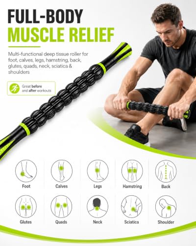 Massage Roller Stick for Muscles Deep Tissue, Portable Muscle Roller with 9 Independent ABS Rollers, 81 Contact Points, Dual-Grip Handles for Gym & Home Use
