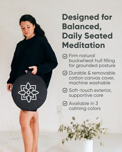 Mindful & Modern Large Meditation Cushion for Zafu Yoga - Meditation Pillow for Sitting on the Floor - Buckwheat Hull Filled Yoga Cushion with Removable, Washable 100% Cotton Cover and Carry Handle - color: Round - Black