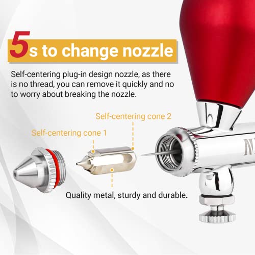 NEOECO SJ83 Airbrush, Self-Centring Plug-in Nozzle，0.2, 0.3 & 0.5mm Nozzle Sets and 1/3 oz Cup, Dual-Action Gravity Feed Airbrush with 1/3 oz,2/3 oz,4/3 oz Replacement Cups (RED) - color: RED