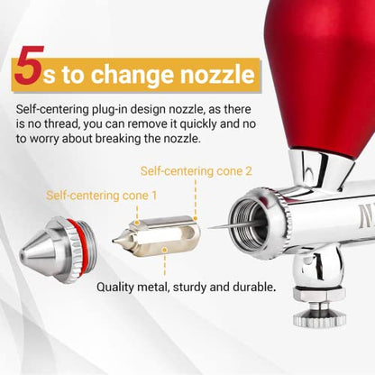 NEOECO SJ83 Airbrush, Self-Centring Plug-in Nozzle，0.2, 0.3 & 0.5mm Nozzle Sets and 1/3 oz Cup, Dual-Action Gravity Feed Airbrush with 1/3 oz,2/3 oz,4/3 oz Replacement Cups (RED) - color: RED