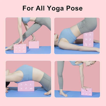 2 Yoga Block and 2 Yoga Strap Set,Non-slip EVA Foam Blocks, High Density Yoga Bricks with 6ft Strap, Supportive Latex-Free Yoga Block Accessories for Pilates - color: Pink