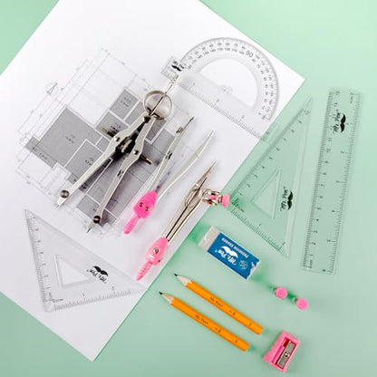 Mr. Pen- Geometry Set, 13 pcs, 3 Metal Compasses, Protractor, 6" Ruler | 45° & 30°/60° Set Squares, Pencils, Lead Refills, Sharpener & Eraser for Math, Drafting & Classroom Use - color: Pink