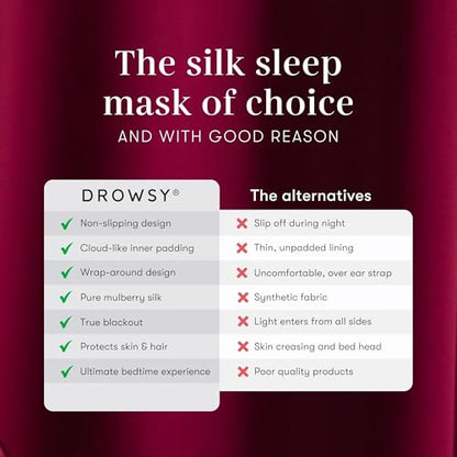 DROWSY Silk Sleep Mask - Face-Hugging, Padded Cocoon for Luxury Sleep in Total Darkness - 100% Pure Mulberry Silk (La Vie En Rouge) - color: La Vie En Rouge, size: 1 Count (Pack of 1)