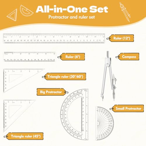 7Pcs Geometry Set-Clear Plastic Rulers,Triangle Ruler,Protractor,Compass | 12Inch & 6Inch Ruler Set for School Office Math Drawing Drafting Engineering Architecture Art