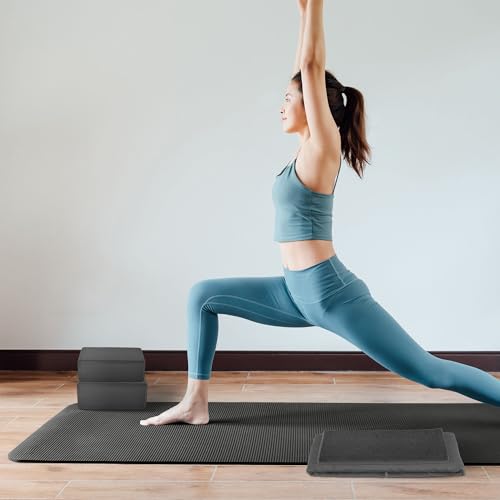 BalanceFrom 7-Piece Yoga Set with 71x24x1 Inches Extra Thick Mat and Carrying Sling – Includes 2 Blocks, Stretch Strap, 2 Towels, and Knee Pad for Home, Studio, and Gym Workouts - color: Gray