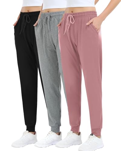 3Pack Joggers for women, Women sweatpants with pockets lounge casual pants - color: Black/Lt Grey/Lt Purple, size: Small-Medium