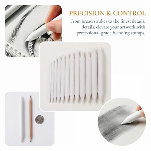 Anu Limen 12Pcs Rice Paper Blending Stumps for Drawing, Soft Sketch Smudging Sticks, White Paper Art Blenders for Shading and Detail Work