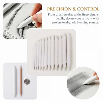 Anu Limen 12Pcs Rice Paper Blending Stumps for Drawing, Soft Sketch Smudging Sticks, White Paper Art Blenders for Shading and Detail Work