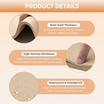 Large Yoga Mat Thick, 76"x32"x0.31"Wide POE Exercise Mat with Non-Slip Surface & Carry Strap, Anti-Tear Workout Mat for Yoga, Pilates, Fitness - color: Coffee Cream