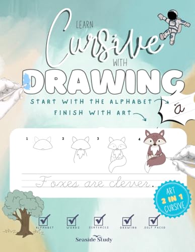 Learn Cursive with Drawing: Alphabet and Word Tracing Practice for Elementary Kids, Sketch Lettering Cursive and Penmanship Writing Drills Workbook