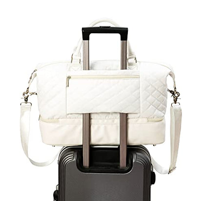 Kinmac Women's Travel Duffel Bag,Sports Gym Yoga Duffel Bag Weekender Overnight Totes Bag (White Embroider) - color: White Embroider