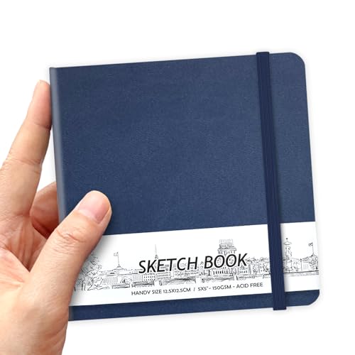 5" x 5" Hardcover Sketch Book,58 Sheets Small Mixed Media Pocket Sketch Pad | PU Cover,150 GSM Acid Free Artist Drawing Paper,Travel Journal Blank Notebook for Adults Sketching,Illustration. - color: 150gsm PU-dark blue