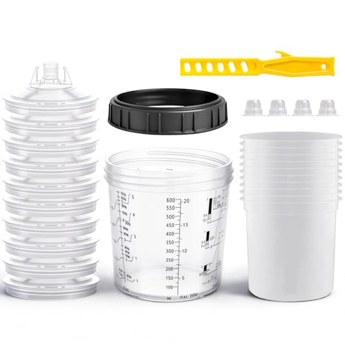 Disposable Paint Sprayer Mixing Cup Kit for Automotive Paint Gun - 10pcs, 20 Ounce, 10 Liners, 10 Lids, 1 Hard Cup, 4 Plugs - size: 10pcs