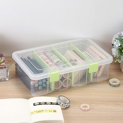 BTSKY Clear Plastic Dividing Storage Box with 4 Compartments Sewing Box | 13.3x8.1x3.4 Inches Adjustable Storage Bin with Lid Plastic Craft Storage Container Multipurpose Art Supply Organizer Green - size: 13.3x8.1x3.4 Inches-Green