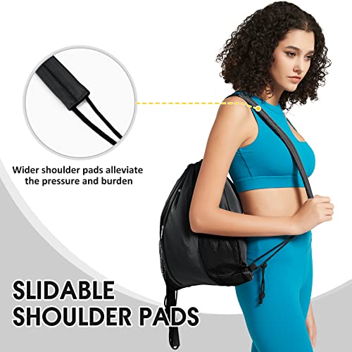 WANDF Drawstring Backpack, Gym String Bag with Shoulder Pad - color: M, Black, size: Medium
