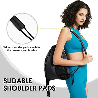 WANDF Drawstring Backpack, Gym String Bag with Shoulder Pad - color: M, Black, size: Medium