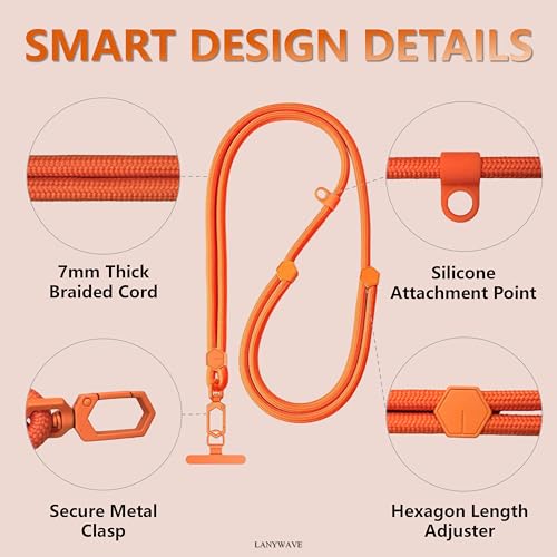 Adjustable Crossbody Phone Lanyard, Braided Cord with Tether Tab | Braided cord, Tether tab, Secure clasp, Accessory clip for hands-free crossbody use - color: Orange