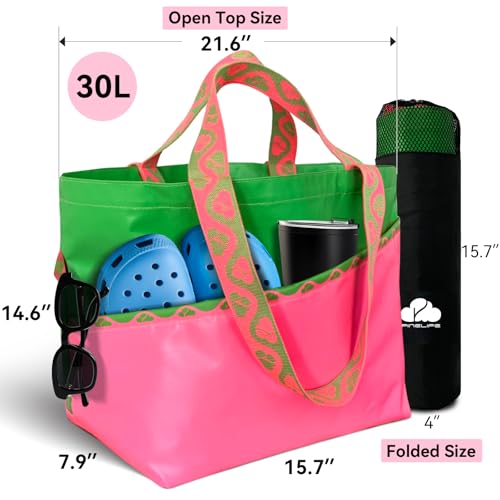 Large Foldable Waterproof Tote Bag, Heavy Duty for Beach & Swim - color: Green/Pink