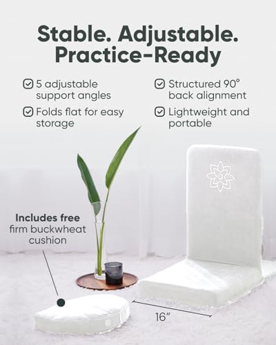 Mindful Modern Folding Pro Meditation Chair - Adjustable Meditation Seat with Back Support and Half Moon Buckwheat Meditation Cushion - Comfortable Mindfulness Living Room Floor Chair - color: Classic White