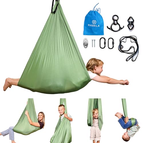 Harkla Sensory Swing for Kids & Adults, Holds 300lbs, Includes 360° Swivel | Hug Like Calming Effect and Durable Soft Stretch Fabric - Easy Assembly, Heavy Duty Hardware and 3rd Party Tested - color: Green, size: 110" Swing + 5" Swivel