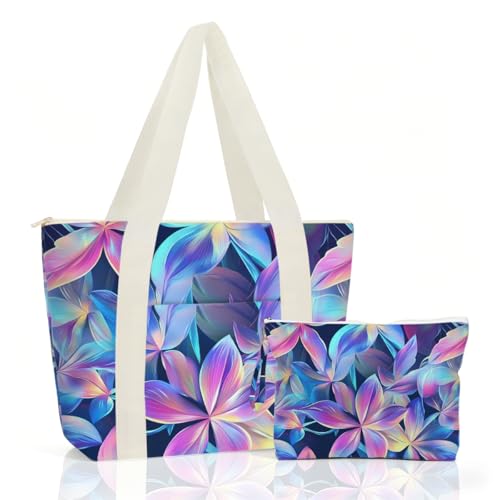 IAXIC Waterproof Tote Bag and Wet Bag Set, Summer Pattern Design for Beach Travel Gym Holiday Gifting - color: Purple Blue Tropical Flower