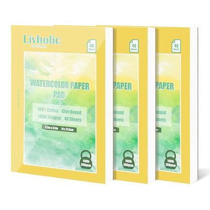 120 Sheets 100% Cotton Watercolor Paper Block 300 GSM / 140 lb Heavyweight 8.5 x 6 Inch Tear Edge Glue Bound Water Color Pad Sketchbook for Artists, Students Painting,Art Journals