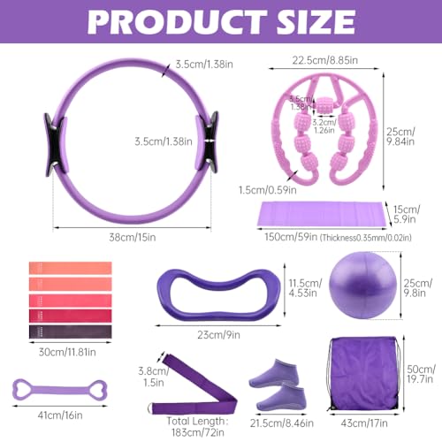 At Home Pilates Kit for Women, Home Workout Pilates Equipment Set with Pilates Ring, Ball, Resistance Band, Resistance Bands, Yoga Strap, Bag, Pilates Essentials Kit for Starter, Beginners - color: Purple