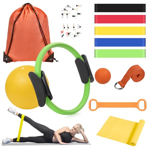 HASHMUST Pilates Ring Kit 12 PCS for Women, Home Workout Equipment with Magic Circle, Mini Exercise Ball, Resistance Bands, Massage Lacrosse, Yoga Strap, Full-Body Fitness Set for Toning & Gift - color: Orange