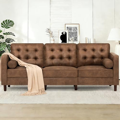 84" Suede Leather Modern Sofa with Bolster Pillows, Brown - color: Brown, size: 84" Sofa