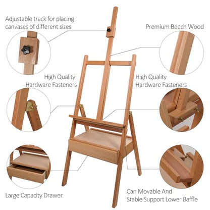 Beech Wood H-Frame Easel, 59"–75" Adjustable Height Studio Easel with Drawer & Shelf, 41" Canvas Holder 20KG Load, Heavy Duty Art Easel for Adults Artists Students Painting Display - color: EASEL-A