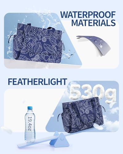sportsnew Yoga Mat Bag Waterproof Tote Gym Bag Mat Carrier W/Wet Pocket | hook-and-loop mat holder 5s quick access, 40oz handled bottle pocket, wet bag, lightweight waterproof, drawstring pockets,19L - color: Navy Blue Leaves
