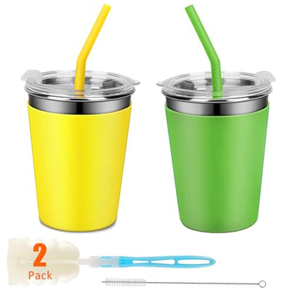 Kids Drinking Cups, Stainless Steel Tumbler Cups with Lids and Straws | Set of 2 Spill Proof Cups for Kids, Durable Water Tumbler with Colorful Easy-Grip Silicone Sleeves (Green & Yellow) - color: Green/Yellow