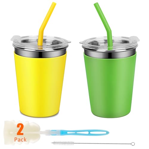 Kids Drinking Cups, Stainless Steel Tumbler Cups with Lids and Straws | Set of 2 Spill Proof Cups for Kids, Durable Water Tumbler with Colorful Easy-Grip Silicone Sleeves (Green & Yellow) - color: Green/Yellow