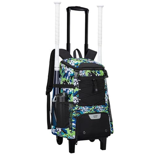 KAVIGOR 2-in-1 Rolling Baseball & Softball Bag, Detachable Backpack, Roll or Carry, Dual-Pole Anti-Tip, 3.5" Wheels, No Tools Setup - color: Green Camo