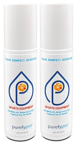 Purefypro Sports Equipment Disinfectant Spray - (3.4oz, 2pk) TSA Travel Size. Kills 99.9999% MRSA, HIV, Athlete Foot Fungus, Virus and Fungi. No Rinse, No Residue. Great For Sports Pads, Yoga Mats, - size: 3.4 Fl Oz (Pack of 2)