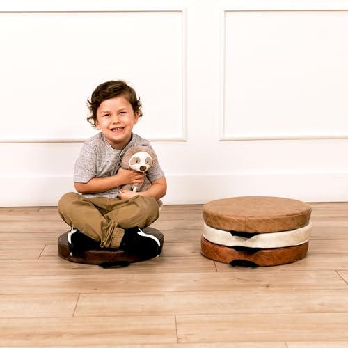 Factory Direct Partners Rustic Kid 15 inch Round Floor Cushions with Handles, Distressed Faux Leather, Flexible Seating for Home, Playroom, Montessori, Daycare, Classroom (4-Piece), 12223-DA - style: Round