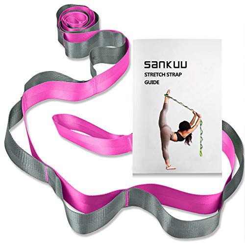 SANKUU Yoga Straps Stretching Strap with 12 Loops Workout Poster, Straps for Stretching Physical Therapy Equipment Long Stretch Out Bands for Exercise, Pilates and Gymnastics for Women Men - color: Pink+Grey
