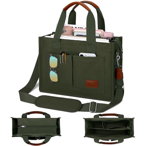KKXIU Large Canvas Tote Bag for Women with Zipper and Compartments Crossbody Work Bible Messenger Purse Bag With Pockets - color: Army Green, size: Large