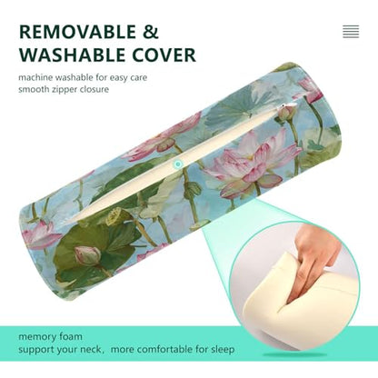 Bolster Pillow Neck Pillow Round Soft Health Memory Foam Pillows Long Cylindrical Body Pillow with Removable Cover Cute Back Yoga Dark Green Leaf Lotus Flower 17" x 5.5" - color: Dark Green Leaf Lotus Flower