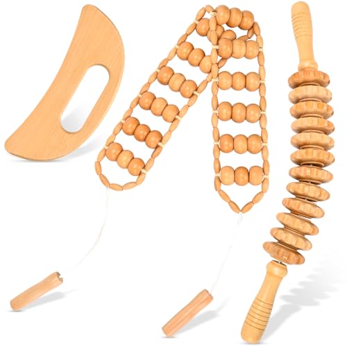 3-in-1 Wood Therapy Massage Tools Lymphatic Drainage Massager Maderoterapia Kit Wooden Gua Sha Massager Body Sculpting Tools for Muscle Pain Relief, Anti-Cellulite, Body Contouring and Shaping