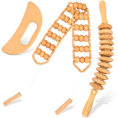 3-in-1 Wood Therapy Massage Tools Lymphatic Drainage Massager Maderoterapia Kit Wooden Gua Sha Massager Body Sculpting Tools for Muscle Pain Relief, Anti-Cellulite, Body Contouring and Shaping