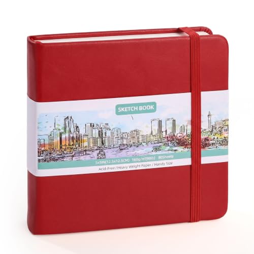 Hardcover Pocket Sketchbook, 5" × 5", 80 Sheets Small Sketch Book, Red | 160gsm Acid-Free Paper, Elastic Closure, Ribbon Bookmark, Compact Travel Size for Sketching & Journaling - color: Red