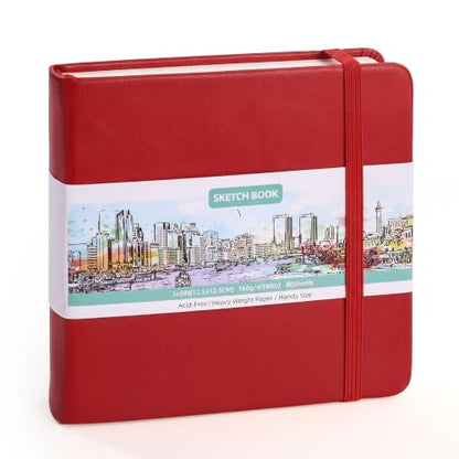 Hardcover Pocket Sketchbook, 5" × 5", 80 Sheets Small Sketch Book, Red | 160gsm Acid-Free Paper, Elastic Closure, Ribbon Bookmark, Compact Travel Size for Sketching & Journaling - color: Red
