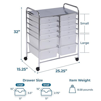 Honey-Can-Do Rolling Craft Storage Cart, Clear, 12-Drawer | Mobile Organizer and Craft Storage Tower on Wheels for Office, Classroom, and Art Supplies