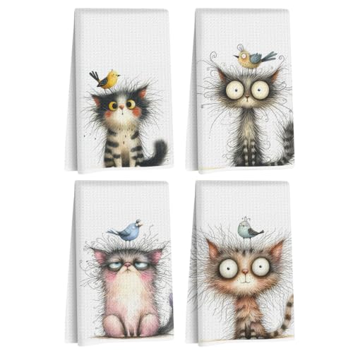4 Pcs Funny Bird Cat Kitchen Towels, Cute Cats Gifts Reusable Hand Towels01 - color: Multi 1620