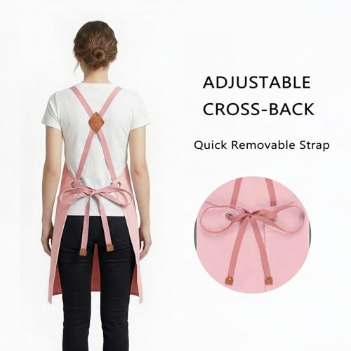 ZOMAO Chef Apron for Women Men with Large Pockets, Cotton Canvas Cross Back Waterproof Work Aprons for Kitchen Cooking Bib - color: Lightpink